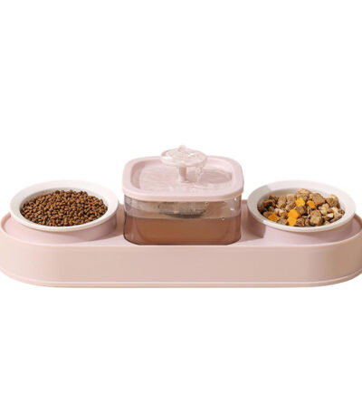 TaraPet Double Bowl Elevating Pet Food Container With Automatic Water Fountain Feeder (Pink)