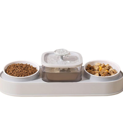 TaraPet Double Bowl Elevating Pet Food Container With Automatic Water Fountain Feeder (Gray)