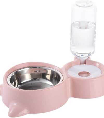 TaraPet Food and Water Feeder Bowls with Automatic Water Bottle with Stainless Bowl (Pink)
