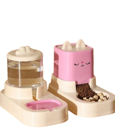 TaraPet 2pcs Cartoon Design Pet Water Feeder Dispenser 1800ml Water Dispenser + 2200ml Feeder Automatic Cat Feeding Station Automatic Cat Feeder and Water Dispenser for Indoor Cats (Pink)
