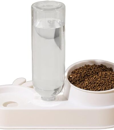 TaraPet Automatic Cats Food Bowl 2 in 1 Pet Food Feeders with Automatic Water Bottle Bowl Double Bowl (White)