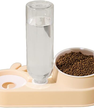 TaraPet Automatic Cats Food Bowl 2 in 1 Pet Food Feeders with Automatic Water Bottle Bowl Double Bowl (Beige)