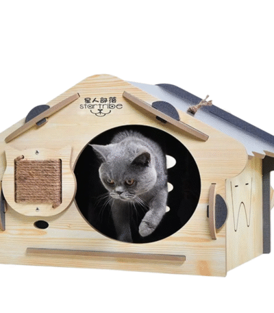 TaraPet Wooden Cat House Easily Assembled Cat Hiding Place With Roof Kitty Cave with Scratch Board Cat Shelter for Indoor 60x40x40cm