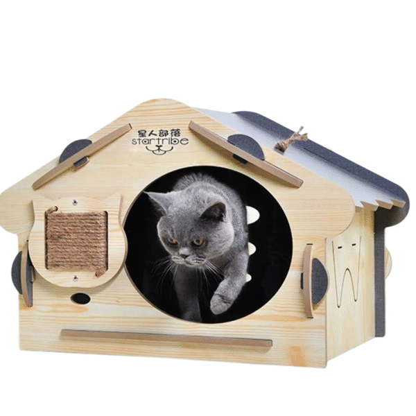 TaraPet Wooden Cat House Easily Assembled Cat Hiding Place With Roof Kitty Cave with Scratch Board Cat Shelter for Indoor 60x40x40cm