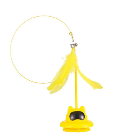 TaraPet Holding Suction Base Stimulating Exercise Toy With Bell Natural Realistic Bird Feathers Wand Toys for Cats (Yellow)